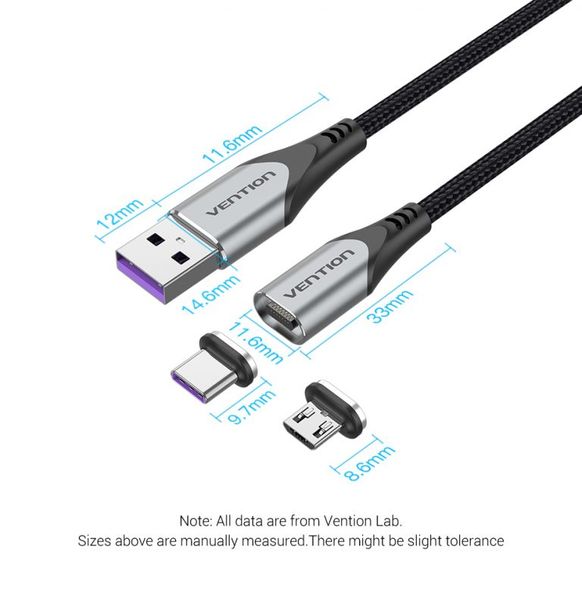 Кабель 2 в 1 USB-MicroUSB-Type-C Vention Nylon Magnetic 3А 480Mbps nickel-plated CQNHD фото