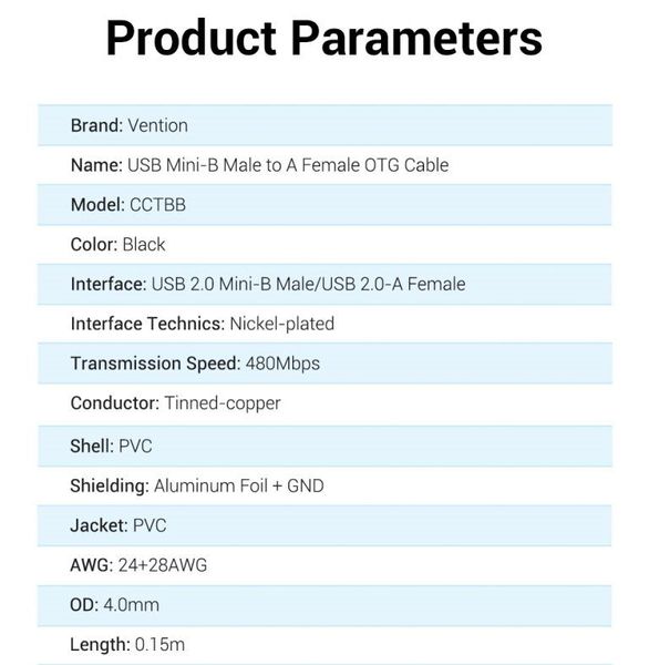 Адаптер USB-MiniUSB 5pin OTG 2.0 Vention PVC Round 2A 480Mbps nickel-plated 0.15m Black (CCTBB) CCTBB фото