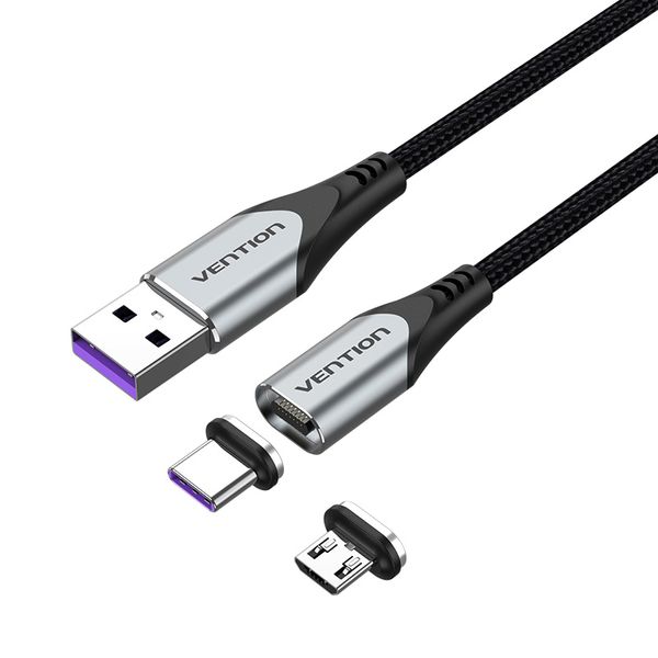 Кабель 2 в 1 USB-MicroUSB-Type-C Vention Nylon Magnetic 3А 480Mbps nickel-plated CQNHD фото