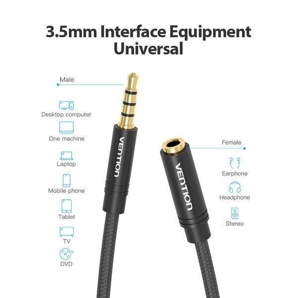 Удлинитель Audio Aux 3.5мм-3.5мм Vention mic Cotton F/M gold-plated BHBBI фото