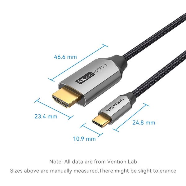 Кабель Type-C-HDMI 2.0 4K 60Hz HDCP 2.2 Thunderbolt 3 Vention Cotton Braided CRBBF фото