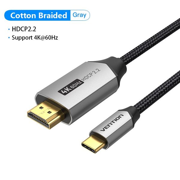 Кабель Type-C-HDMI 2.0 4K 60Hz HDCP 2.2 Thunderbolt 3 Vention Cotton Braided CRBBF фото