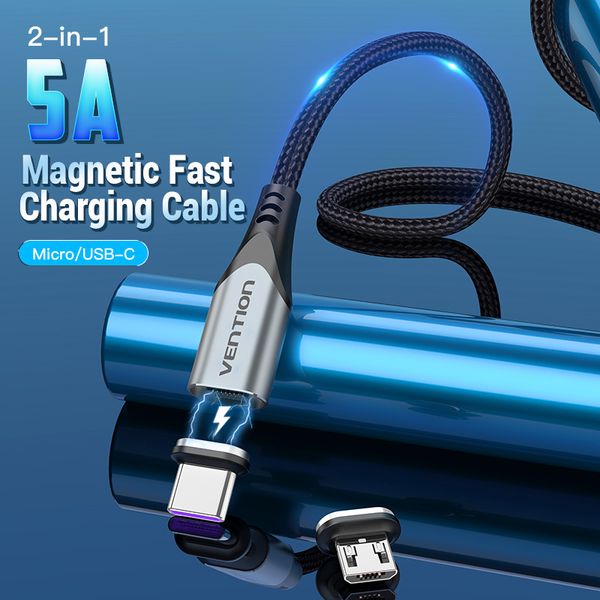 Кабель 2 в 1 USB-MicroUSB-Type-C Vention Nylon Magnetic 3А 480Mbps nickel-plated CQNHD фото