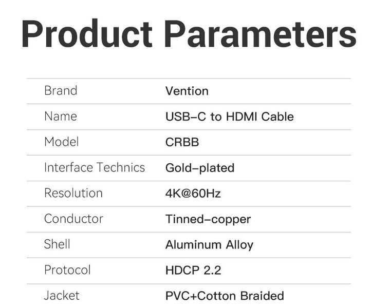 Кабель Type-C-HDMI 2.0 4K 60Hz HDCP 2.2 Thunderbolt 3 Vention Cotton Braided CRBBF фото