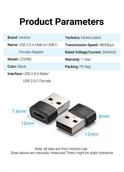 Адаптер USB-Type-C 2.0 Vention M/F PVC 3A 480Mbps nickel-plated Black (CDWB0) CDWB0 фото