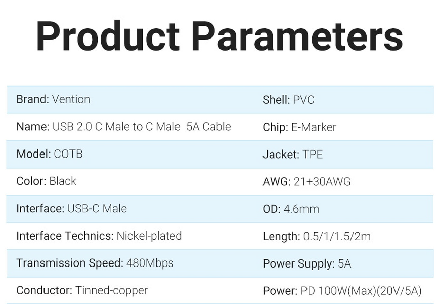 Кабель Type-C-Type-C Vention TPE Round PD 100W 5A 480Mbps COTBD фото