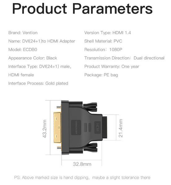 Адаптер HDMI-DVI-D Vention (DVI 24+1-HDMI 1.4) M/F 1080P 60Hz Black (ECDB0) ECDB0 фото