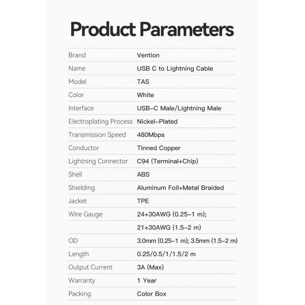 Кабель Type-C-Lightning Vention TPE PVC Mfi C94 PD 30W 3A 480Mbps LAKBF фото