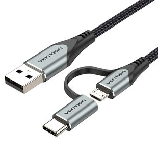 Кабель 2 в 1 USB-MicroUSB-Type-C Vention TPE Nylon 3А 480Mbps nickel-plated CQEHD фото