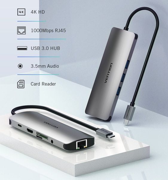 USB HUB 7 в 1 Vention Aluminum Type-C-HDMI-3.5мм 3USB 3.1 Card Reader CGNHA фото