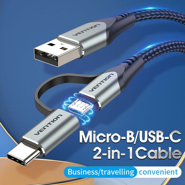 Кабель 2 в 1 USB-MicroUSB-Type-C Vention TPE Nylon 3А 480Mbps nickel-plated CQEHD фото