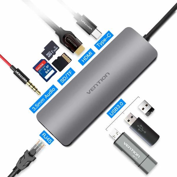 USB HUB 7 в 1 Vention Aluminum Type-C-HDMI-3.5мм 3USB 3.1 Card Reader CGNHA фото