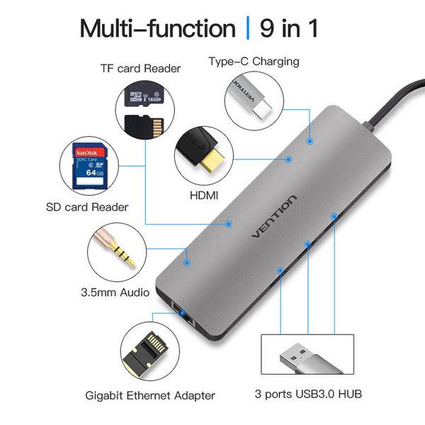 USB HUB 7 в 1 Vention Aluminum Type-C-HDMI-3.5мм 3USB 3.1 Card Reader CGNHA фото