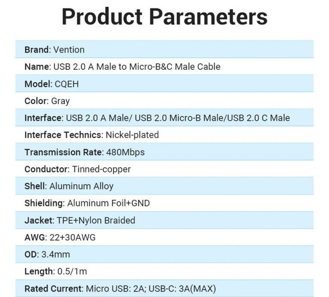 Кабель 2 в 1 USB-MicroUSB-Type-C Vention TPE Nylon 3А 480Mbps nickel-plated CQEHD фото