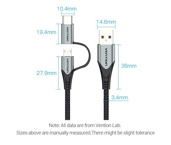 Кабель 2 в 1 USB-MicroUSB-Type-C Vention TPE Nylon 3А 480Mbps nickel-plated CQEHD фото