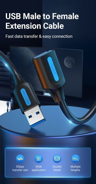 Подовжувач USB-USB 3.0 Vention F/M PVC Round 5Gbps CBHBD фото