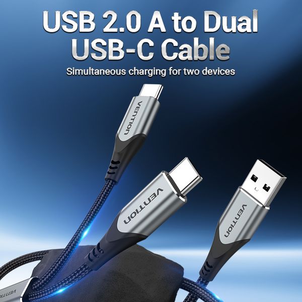 Кабель 2 в 1 USB-Type-C Vention Nylon 2.4А 480Mbps nickel-plated CQOHD фото