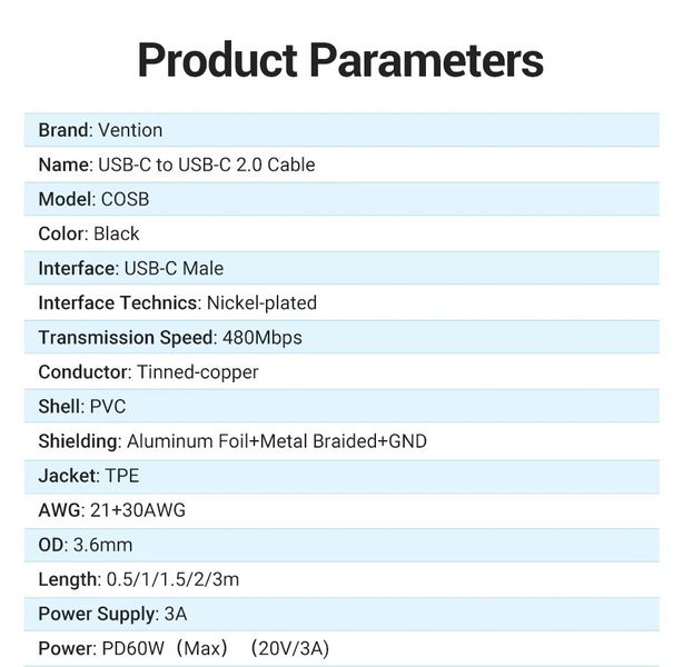 Кабель Type-C-Type-C Vention TPE Round PD 60W 3A 480Mbps COSBD фото