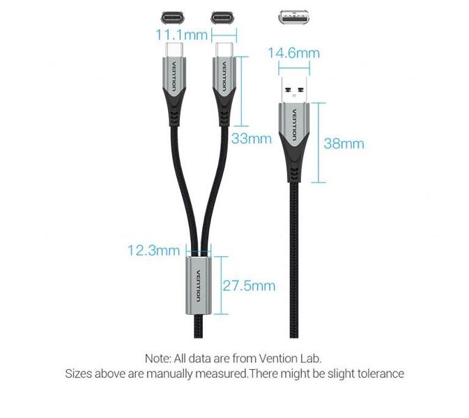 Кабель 2 в 1 USB-Type-C Vention Nylon 2.4А 480Mbps nickel-plated CQOHD фото