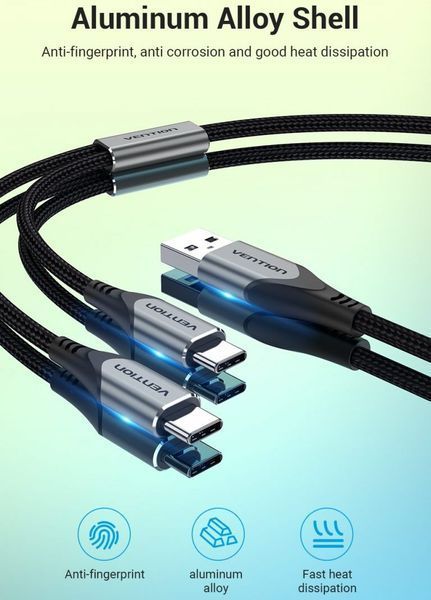 Кабель 2 в 1 USB-Type-C Vention Nylon 2.4А 480Mbps nickel-plated CQOHF фото