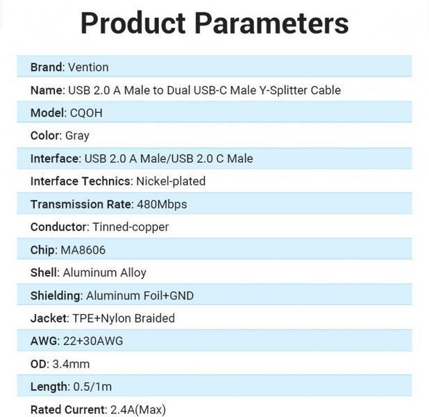 Кабель 2 в 1 USB-Type-C Vention Nylon 2.4А 480Mbps nickel-plated CQOHF фото