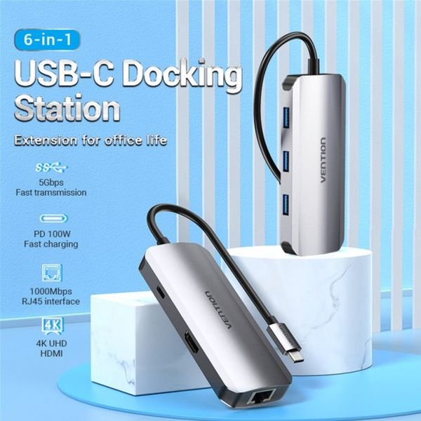 USB HUB 6 в 1 Vention Type-C-HDMI-RJ45-USB 3USB 3.0 1Type-C 3.1 PD 100W 4K 30Hz 5Gbps TOHHB фото