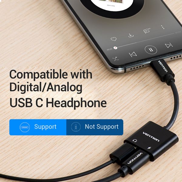 Адаптер Type-C-Type-C Vention F/2xM earphone PD 3.0 QC 3.0 18W 3A Black (CFM) CFMBA фото