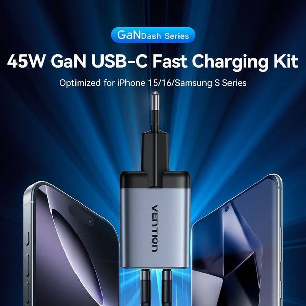 Зарядний пристрій Vention 2xUSB 45W (2xUSB-C) PD3.0 QC, GaN + USB-C cable М-М чорний TZ-FCDH0-EU фото