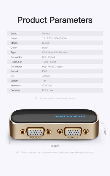 Сплиттер 2 In 1 Out VGA-VGA Vention PVC M/2xF 1080P 60Hz gold-plated DBABF фото