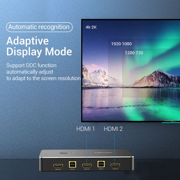 Сплиттер KVM 2 in 1 Out HDMI-HDMI Vention 4K 30Hz 4USB gold-plated AFRB0 фото