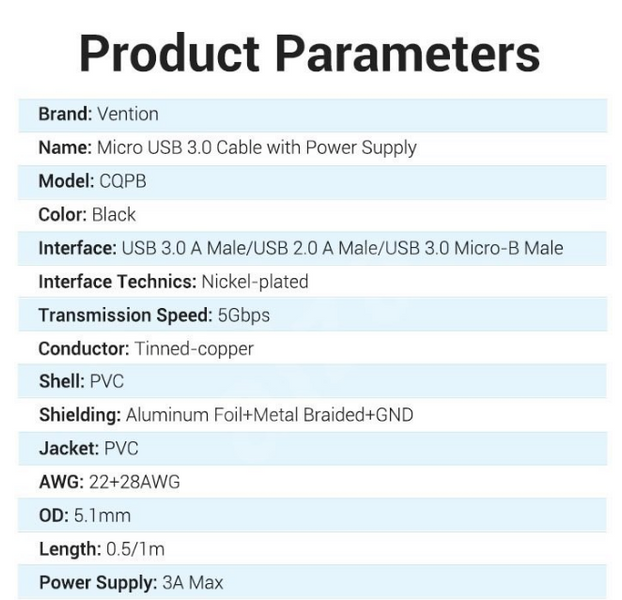 Кабель 2in1 USB-MicroUSB-B 3.0 Vention M/2xM PVC Round nickel-plated 3A 5Gbps CQPBD фото