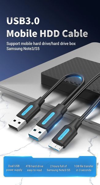 Кабель 2in1 USB-MicroUSB-B 3.0 Vention M/2xM PVC Round nickel-plated 3A 5Gbps CQPBF фото