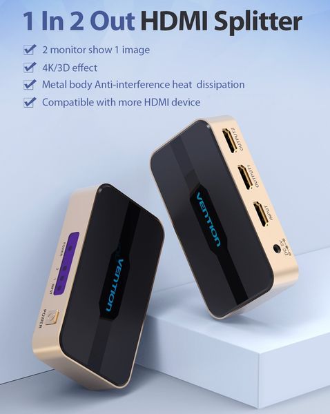 Спліттер Video 2 In 1 HDMI-HDMI v.1.4 Vention F/4xF 4k 30Hz gold-plated ACBG0 фото