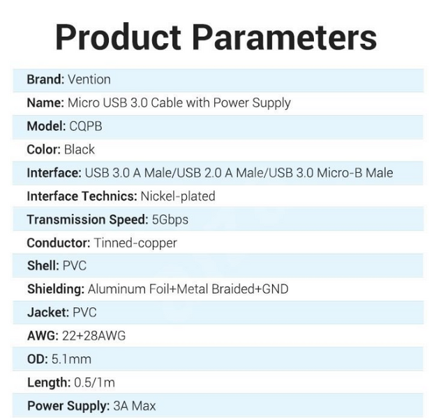 Кабель 2in1 USB-MicroUSB-B 3.0 Vention M/2xM PVC Round nickel-plated 3A 5Gbps CQPBF фото