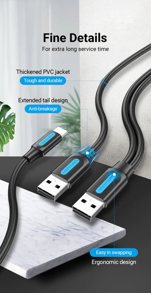 Кабель 2in1 USB-Type-C 2.0 Vention M/2xM PVC Round nickel-plated 3A 480Mbps CQKBF фото