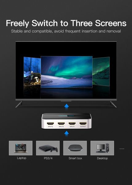 Спліттер Video 3 In 1 HDMI-HDMI v.1.4 Vention F/3xF 4k 30Hz gold-plated AFFH0 фото