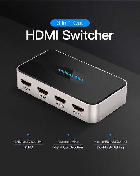 Сплиттер Video 3 In 1 HDMI-HDMI v.1.4 Vention F/3xF 4k 30Hz gold-plated AFFH0 фото