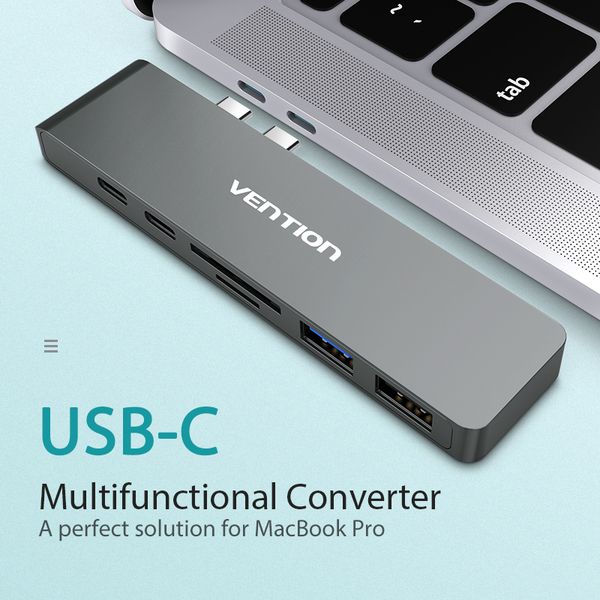 USB HUB 7 в 1 Vention Aluminum Type-C-HDMI 2USB 3.1 Card Reader CMHH0 фото