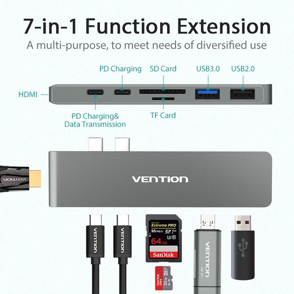 USB HUB 7 в 1 Vention Aluminum Type-C-HDMI 2USB 3.1 Card Reader CMHH0 фото