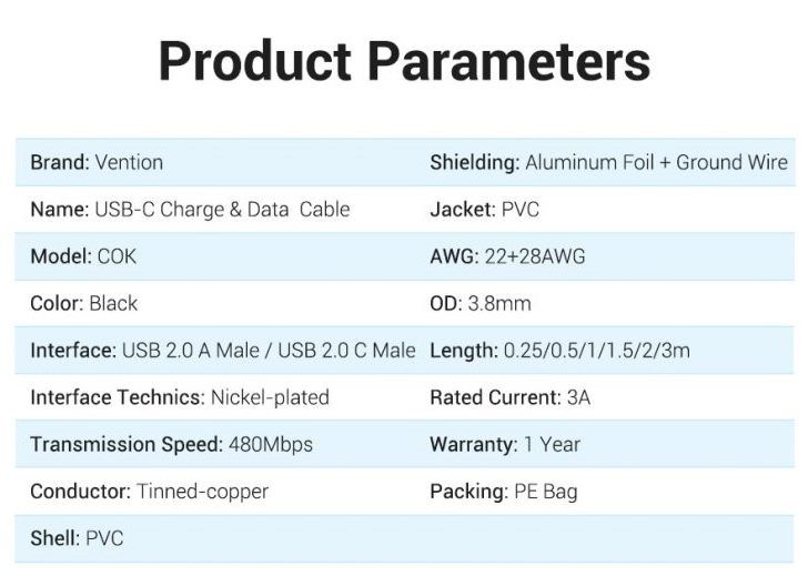 Кабель USB-Type-C Vention PVC nickel-plated 3A 480Mbps COKBF фото