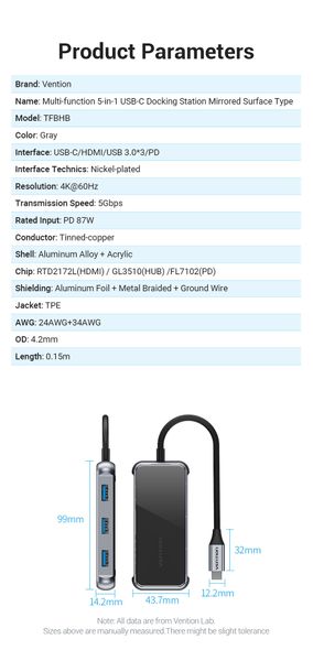 USB HUB Vention 5 в 1 Type-C-HDMI-USB-PD 3USB 3.0 4K 60Hz 87W TFBHB фото