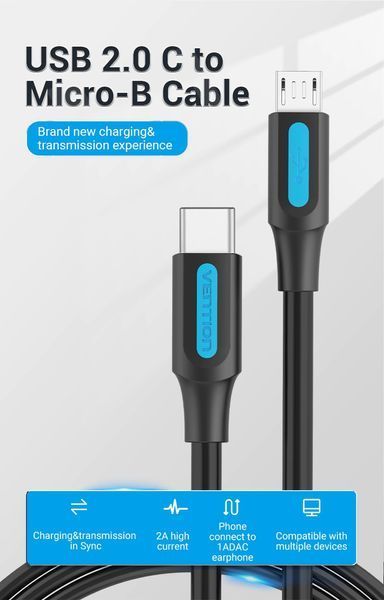 Кабель Type-C-MicroUSB Vention TPE Round 2A 480Mbps COVBH фото