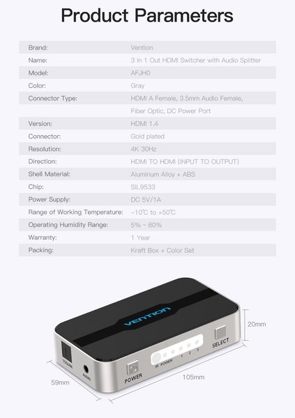 Сплиттер Video 3 In 1 HDMI-HDMI v.1.4 Vention F/3xF 4k 30Hz Upgrade (3.5мм+Toslink) gold-plated AFJH0 фото