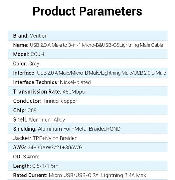 Кабель 3 в 1 USB-MicroUSB-Type-C-Lightning Vention TPE Nylon MFi C89 2А 480Mbps nickel-plated CQJHD фото