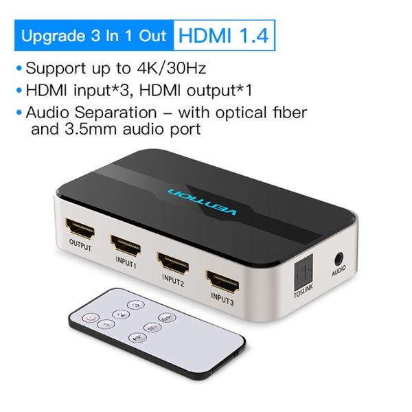 Сплиттер Video 3 In 1 HDMI-HDMI v.1.4 Vention F/3xF 4k 30Hz Upgrade (3.5мм+Toslink) gold-plated AFJH0 фото