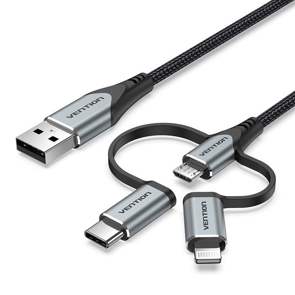 Кабель 3 в 1 USB-MicroUSB-Type-C-Lightning Vention TPE Nylon MFi C89 2А 480Mbps nickel-plated CQJHD фото