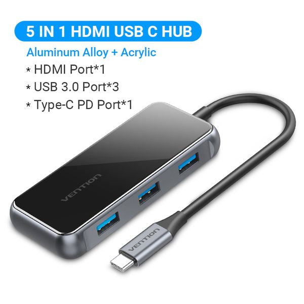 USB HUB Vention 5 в 1 Type-C-HDMI-USB-PD 3USB 3.0 4K 60Hz 87W TFBHB фото