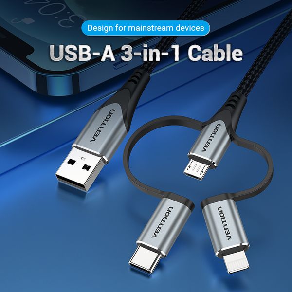 Кабель 3 в 1 USB-MicroUSB-Type-C-Lightning Vention TPE Nylon MFi C89 2А 480Mbps nickel-plated CQJHD фото