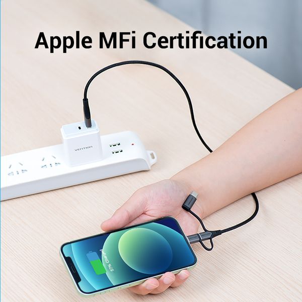 Кабель 3 в 1 USB-MicroUSB-Type-C-Lightning Vention TPE Nylon MFi C89 2А 480Mbps nickel-plated CQJHD фото