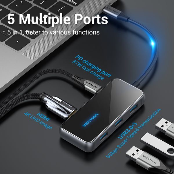 USB HUB Vention 5 в 1 Type-C-HDMI-USB-PD 3USB 3.0 4K 60Hz 87W TFBHB фото